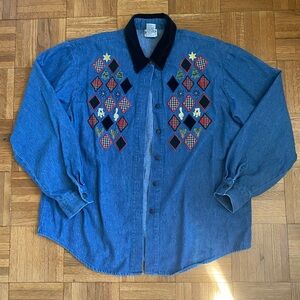 Vintage Koret Embroidered Button Up Velvet Collar Christmas Denim Shirt L Womens